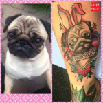 RIP Priscilla the Pug - Leg tattoo by Rich Warburton of DPE Tattoo Lounge, Stoke, UK